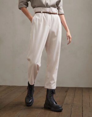 Pantaloni in lana vergine e cotone con cintura - Milky Foam