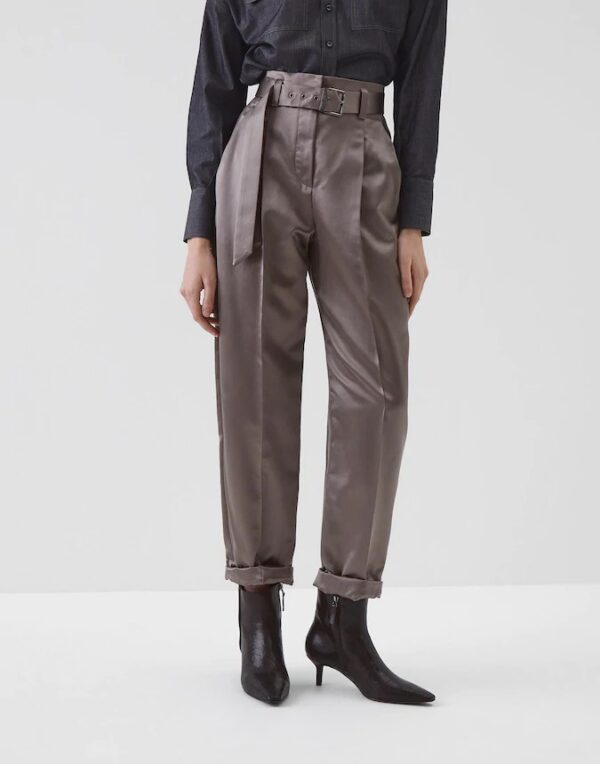 Pantaloni con pince in cotone e seta - fango