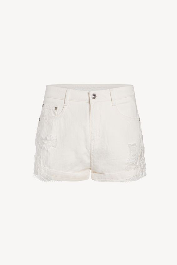 Shorts In Jeans Con Rete E Pizzo Ricamato – Bianco
