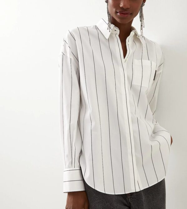 Camicia in popeline rigato di cotone e seta con "Shiny Tab" – Bianco