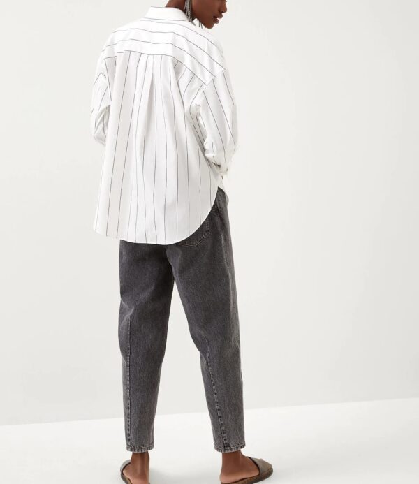 Camicia in popeline rigato di cotone e seta con "Shiny Tab" – Bianco