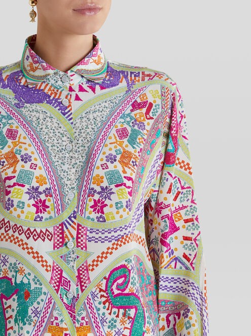 Camicia in crepe de chine con stampa effetto ricamo – Multicolor