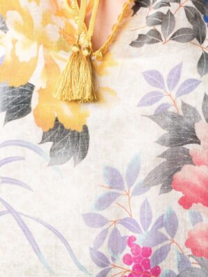 Poncho in lino con scollo a V e stampa floreale – Bianco multicolor