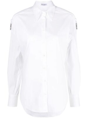 Camicia in cotone stretch con dettaglio in monile – Bianco